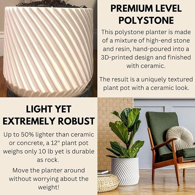 Fox & Fern Large Indoor Planter, Modern Large Plant Pot for Indoor or Outdoor, UV and Frost Resistant - 12 Inch, Matte White Flower Pot with Drainage Plug, 3D Printed Design