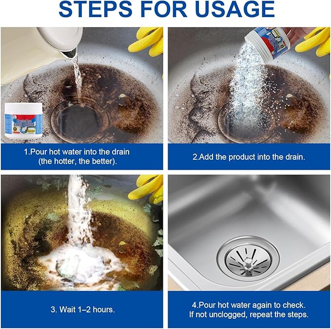 BELL BIRD Drain Opener, 9.2oz Crystal Lye Sodium Hydroxide, Clog Remover for Sinks, Drains, Showers & Bathtubs, Heavy Duty Pipe Cleaner (2 PCS)