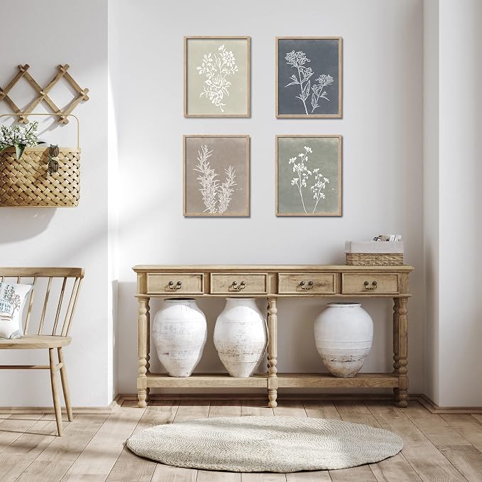 Liswit Framed Boho Wall Art Set of 4 for Wooded Minimalist Botanical Print Wall Art for Rustic Vintage Farmhouse Home Kitchen Wall Decor (Brown, 12x16)