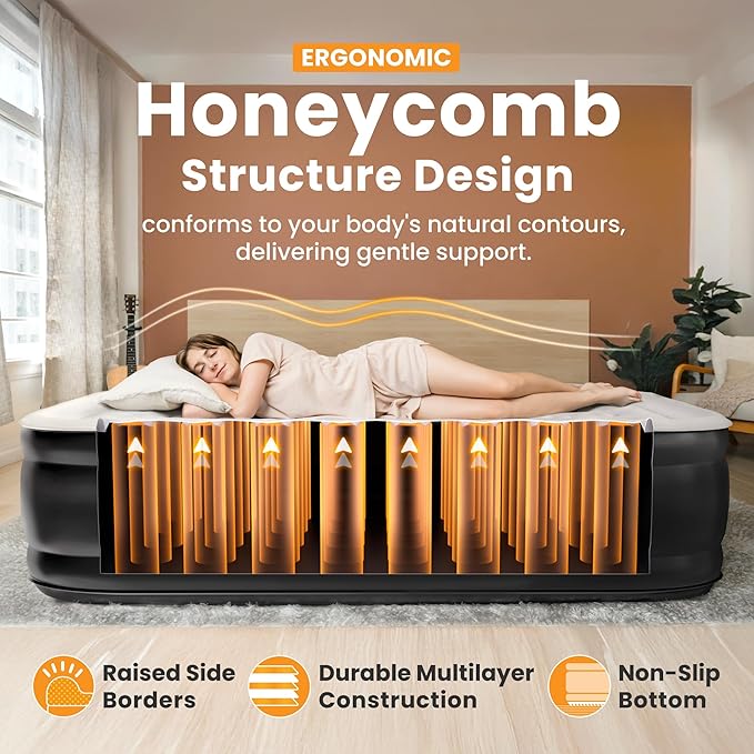 Dr. air Queen Air Mattress with Built-in Pump, 18" Raised Blow Up Mattress, 800 lbs Max Honeycomb Air Bed, 48Hr Leak-Proof Test, 3min Inflatable Mattress for Home, Guests, Camping, Colchones inflables