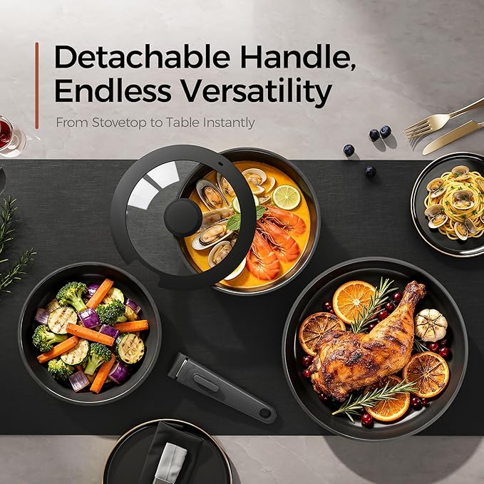16pcs Nonstick Cookware Set, Diamond-Titanium Ceramic Coating & 3 Layer Stainless Steel Pots and Pans Set with Detachable Handle, Dishwasher Safe, Induction Compatible, Oven Safe, Black