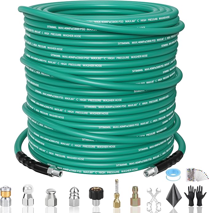150FT Sewer Jetter Kit for Pressure Washer,1/4‘’NPT Drain Cleaner Hose 5800PSI, with Adapter Corner Rotating Button Nose Sewer Jetting Nozzles Kit Pearl Corsage Pin Spanner Waterproof Tape