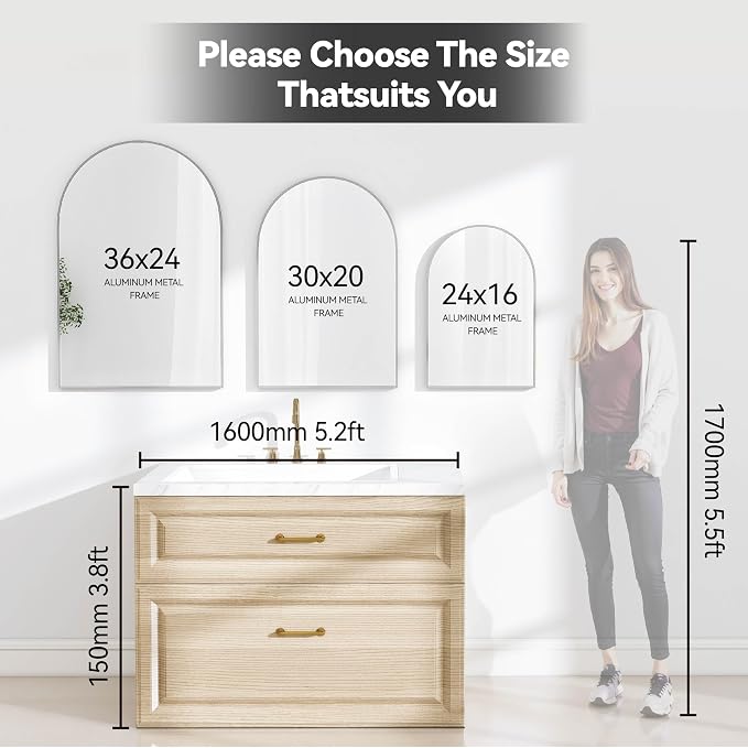 SCWF-GZ 24x36 Arch Mirror Square Full Length Wall Mounted Hanging or Against Wall Metal Aluminum Alloy Frame Dressing Make-up Mirrors for Entryway Bedroom Bathroom Living Room 24 36 inch Silver