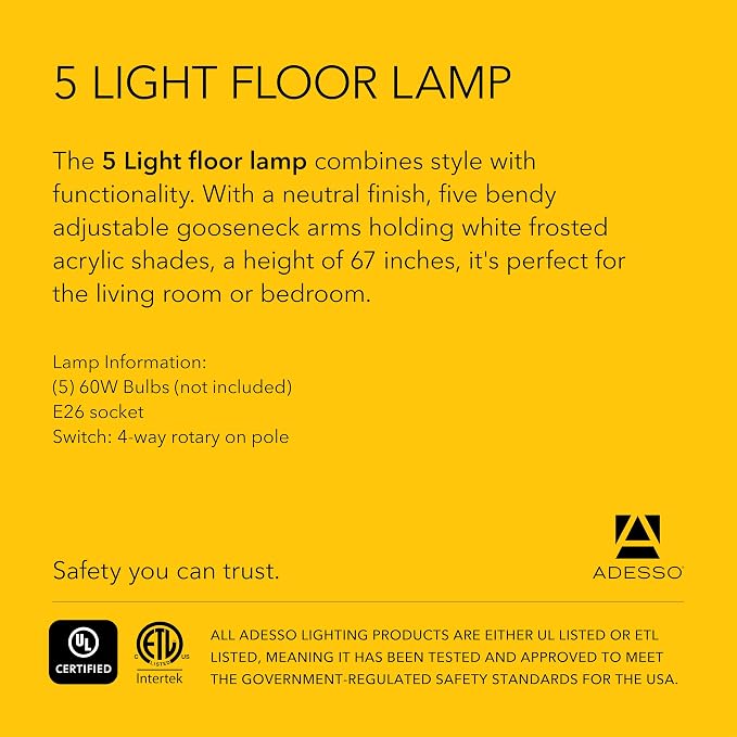 Adesso Floor Lamp with 5 Movable Shades & Adjustable Brightness – Perfect Lighting for Bedroom Decor, Beauty & Art Studio, Black