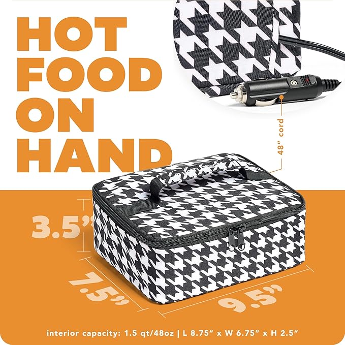 HOTLOGIC Mini Heated Lunch Box - Portable Electric Food Warmer for Men and Women - Great for Work, Office, and Construction - Cook, Reheat, and Eat on the Go - 12V - Houndstooth