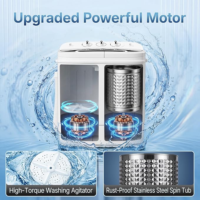SUPER DEAL Compact Mini Twin Tub Washing Machine 13lbs Capacity Portable Washer Wash and Spin Cycle Combo, Built-in Gravity Drain for Camping, Apartments, Dorms, College, RV’s and Small Spaces