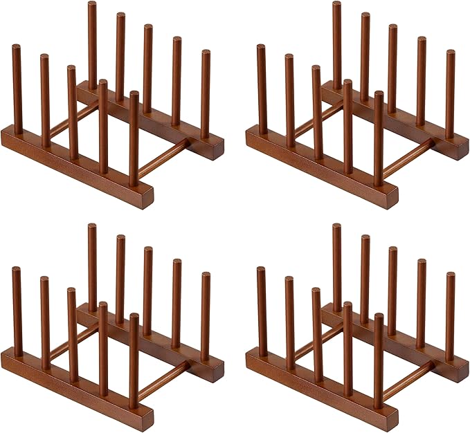 HBlife 4pcs Teak Dish Plate Bowl Cup Book Pot Lid Cutting Board Drying Rack Stand Drainer Storage Holder Organizer Kitchen Cabinet（Keep Dry）