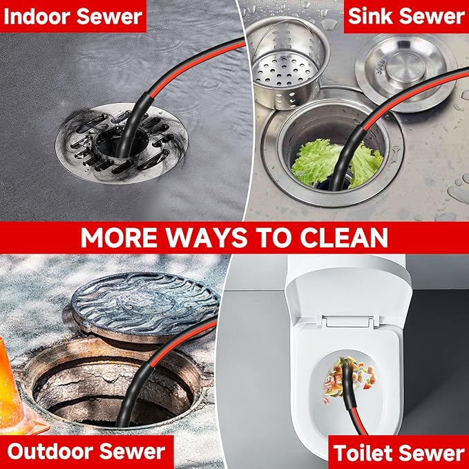 Sewer Jetter Kit for Pressure Washer 150FT, Drain Cleaner Hose 1/4 Inch NPT, NPT Corner Swivel and Push Button Nose Sewer Jet Nozzle Wrenches Gloves Waterproof Tape Pearl Brooch,5800PSI