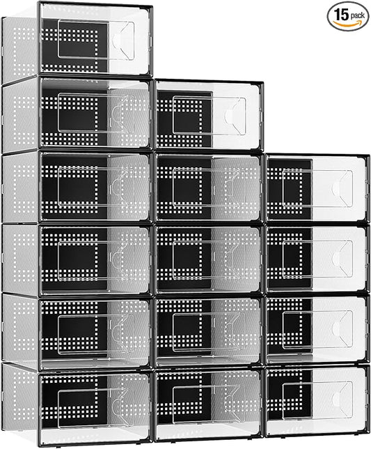 Foluck X-Large Shoe Storage Box, 15 Pack Clear Plastic Stackable Shoe Organizer for Closet, Interlocking Design Shoe Container Bins for Sneakers, Foldable Shoe Rack with Lids, Black