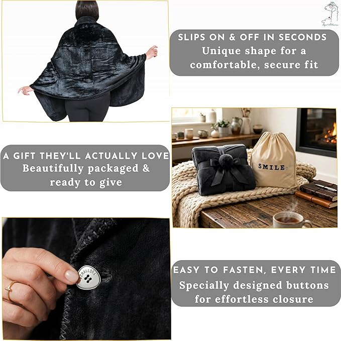 EzrAllora Premium Double Layer Wearable Blanket for Women -Drape and Go No Sleeves- Easy On Easy Off - Black Shawl with Pockets- Wrap Blanket - (Velvet Black)