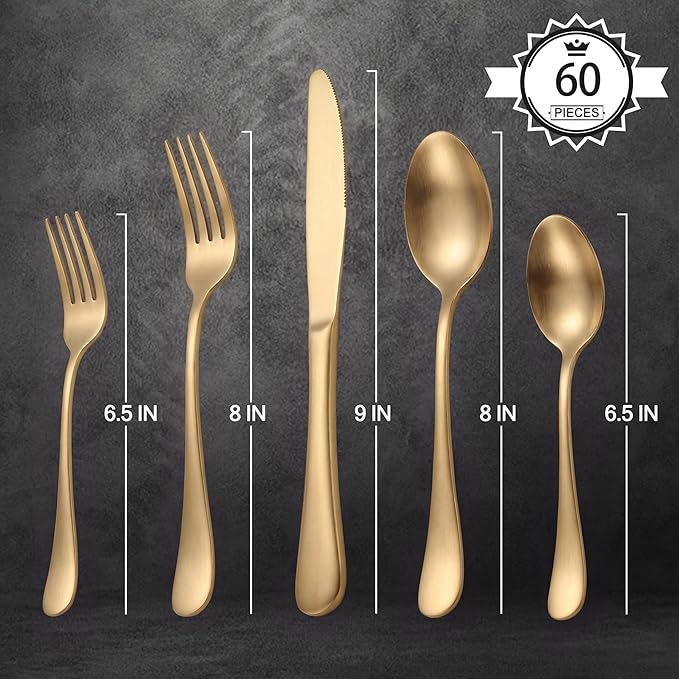 LIANYU 60 Piece Matte Gold Silverware Set for 12, Stainless Steel Gold Flatware Cutlery Set, Fancy Kitchen Utensil Tableware for Home Restaurant Party, Satin Finish, Dishwasher Safe