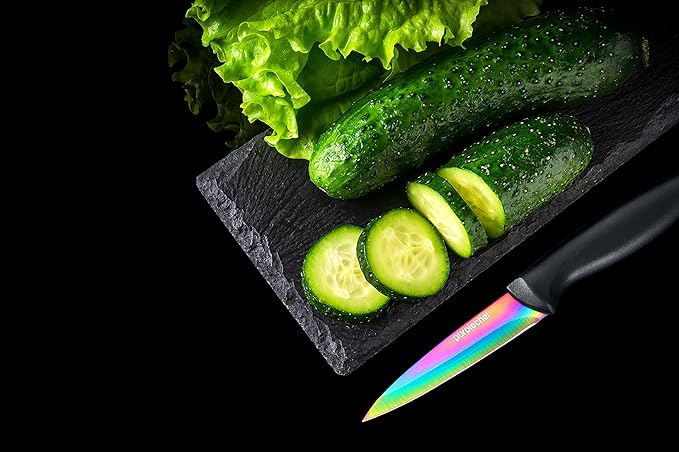 10 Pieces Iridescent Rainbow Titanium Coated Kitchen Knives Set. Includes 6 Stainless Steel Knives, Scissors, Knife Sharpener, Peeler, and Clear Acrylic Stand.