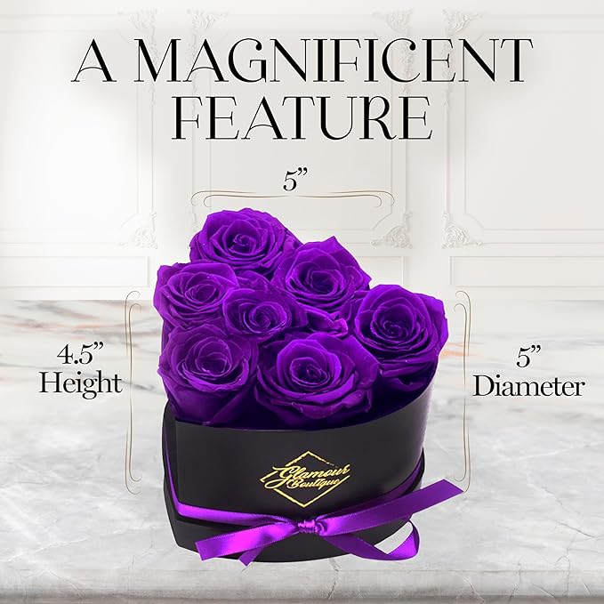 GLAMOUR BOUTIQUE 7 Flower Forever Heart Shape Box, for Mom, Eternal Preserved Roses Gift for Her, Him, Lasting Flowers Bouquet, for Birthday, Anniversary, Purple (Color-Treated)