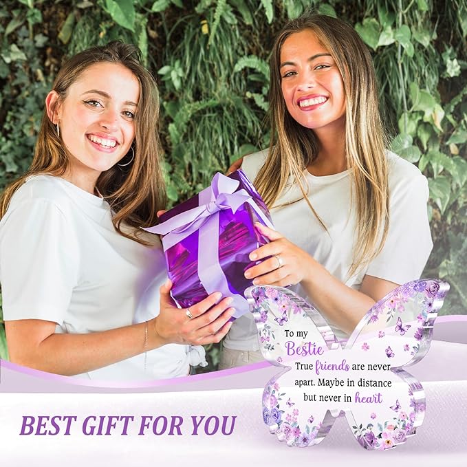 Best Friend Gift for Women, Unique Purple Butterfly Acrylic Plaque Desk Decor, Bestie Best Friend Birthday Gifts for Women Friendship for Bff Bestfriend, 5 x 3.8 x 0.5 inches