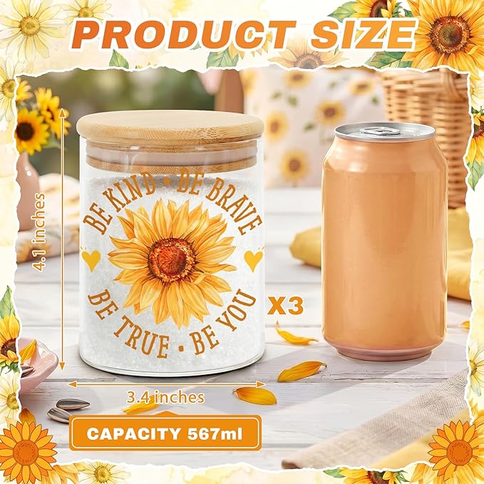 3 Pcs Sunflower Glass Storage Jars with Airtight Lids Sunflower Inspirational Candy Cookie Jars Gift Summer Floral Motivational Kitchen Decor Canister Yellow Floral Kitchen Containers Set