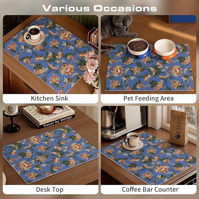 Vintage Floral Absorbent Coffee Bar Tea Mat Heat Resistant Drainer Mat with Non-slip Backed for Kitchen Counter Tableware Decor (Luxuriant Flowers,Navy)