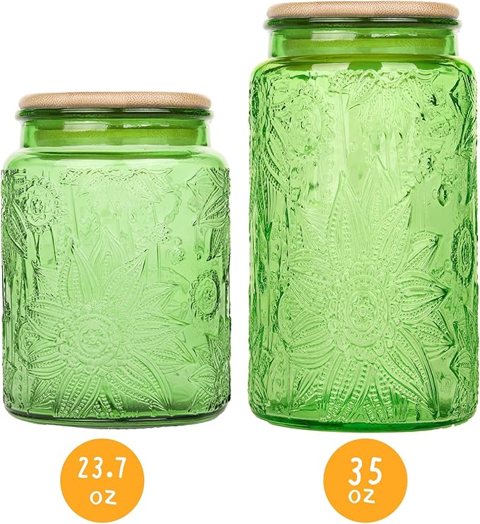Custde Glass Storage Jars With Airtight Lid, 35oz Canister For Kitchen Counter with Bamboo Lid, brown sugar, candy, coffee, cookie, salt, tea,pantry cute Jar (Green, 35 fl oz)