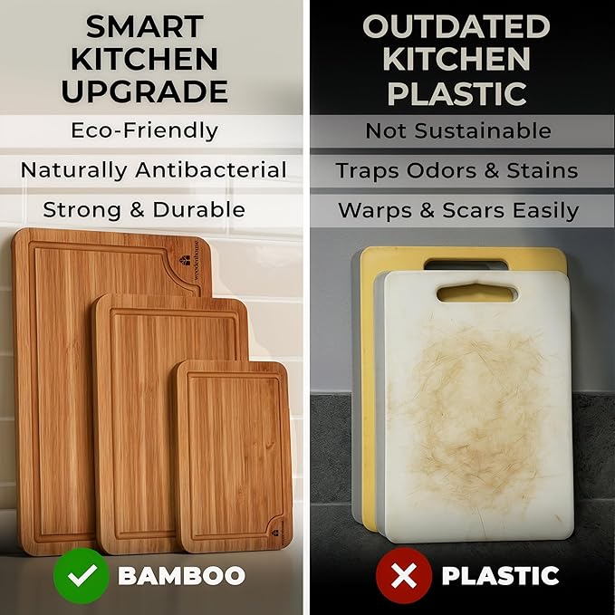 Set of 3 Bamboo Cutting Boards for Kitchen - Thick & Durable Wood Cutting Boards Set with Deep Juice Grooves & Build-in Handles, Large Surface, Easy to Clean – for Meat, Vegetables and Fruits
