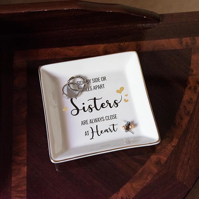 HOME SMILE Sister Gifts From Sister Ring Dish Tray, Valntine's Day Galentines' Gifts For Sister-Sister Will Always Be Connected By Heart Jewelry Dish Birthday Wedding Gifts For Sister