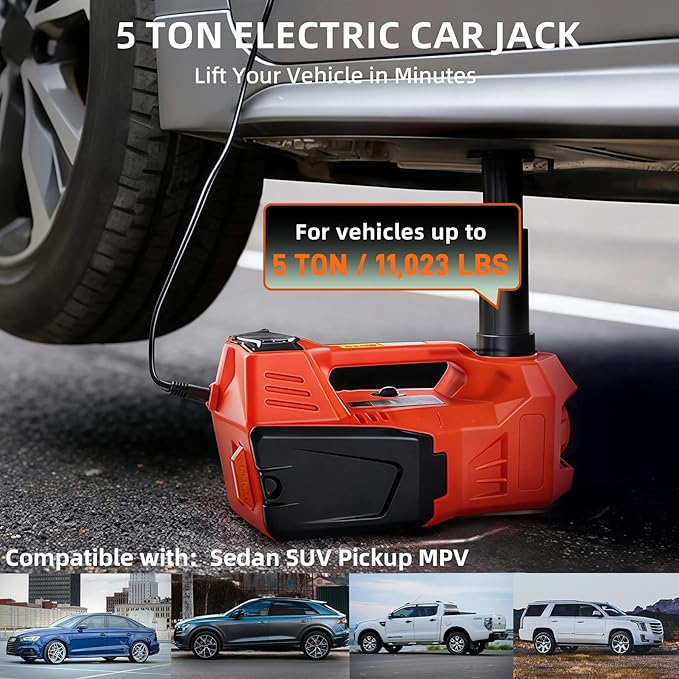 Electric Car Jack, 5 Ton Hydraulic Floor Jack with Electric Impact Wrench, Tire Inflator & LED Light, Lift Range 6.1-17.7 Inch, Emergency Roadside Tire Changing Kit for SUV Sedan Truck