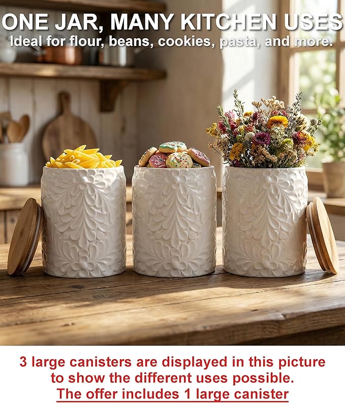 XXL 94 Oz Engraved Ceramic Kitchen Canister - Storage Jars with Airtight Lids Made from Bamboo with Nature-Inspired Engraving - Use as a Pasta Holder, Coffee Ground Holder, Rice Container, Candy Jar