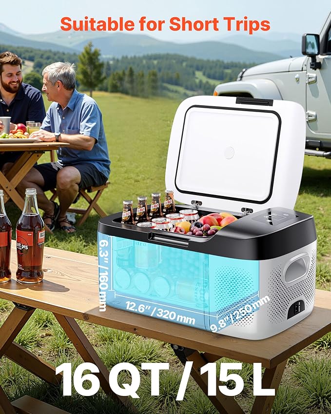 VEVOR Car Refrigerator, DC 12/24V AC100-240V Compressor Electric Cooler, -4°F to 68°F Car Fridge with APP Control, 16 QT Cars Freezer for RVs, Campsites, Boats, Camping, Fishing, 60W Portable Freezer