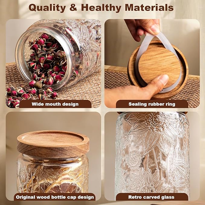 24Oz/3Pcs Glass Jar with Lid,Decorative Jar,Cute jar,Glass Canister,Vintage Glass Storage Jar for Sugar, Coffee, Tea, Spice, Flour, Candy Cookie, Pasta, Cereal