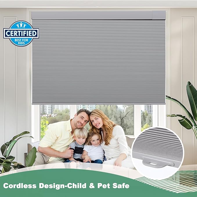 Tonature No Drill Cellular Shades for Indoor Windows, Thermal Insulating & Noise Reducing Honeycomb Blinds, Free Stop Cordless Blackout Shades, Grey,18" W x 64" H