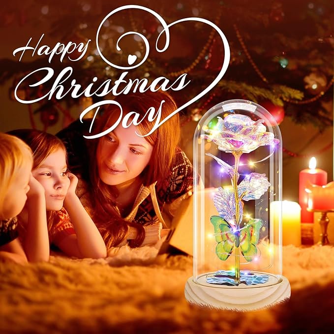 Otlonpe Preserved Forever Mothers Day Flower Gifts for Mom, Glass Rose Wood Base Colorful Light Butterfly Gifts for Women Grandma Girlfriend Wife Her, Valentines Mothers Day Christmas Birthday