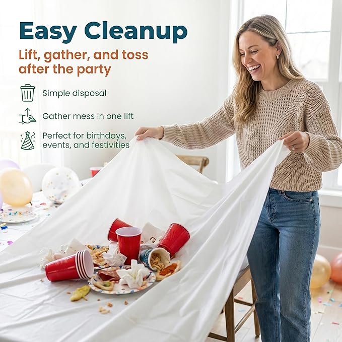 Plastic Table Cloth, 5 Packs Disposable Tablecloth 54 X 108 Inch White Plastic Tablecloth for Rectangle Tables Tougher PEVA Table Cover for Party Decorations Picnic Graduation Camping Birthday