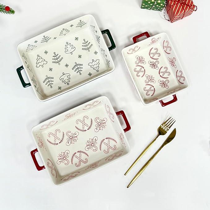 Domini Casserole Dishes for Oven, Ceramic Baking Dishes for Oven Set of 2, Lasagna Pan Deep, Baking Pan Set Square Casserole Dish Set with Handles for Baking, Pattern Red(11.4+8.5inch) Christmas