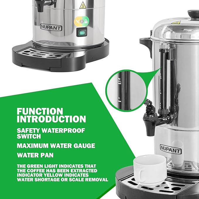 NUPANT Commercial Coffee Urn 30 Cup/4.5L Coffee Dispenser with Upgraded Percolator, 304 Stainless Steel Hot Water Urn Beverage Dispenser with Warm Mode,Drip Tray,Large Coffee Maker for Party Catering