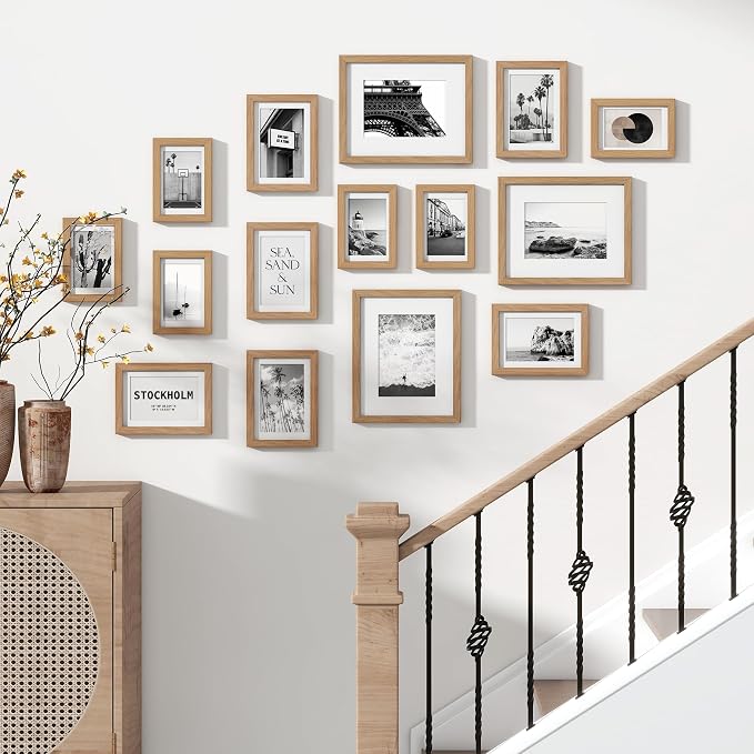 Venusmiles 15 Pack Picture Frames Collage Wall Decor, Gallery Frame Set for Wall Mounting or Tabletop Display, Multi Sizes Including 3pcs 8x10, 6pcs 5x7, 6pcs 4x6, Oak