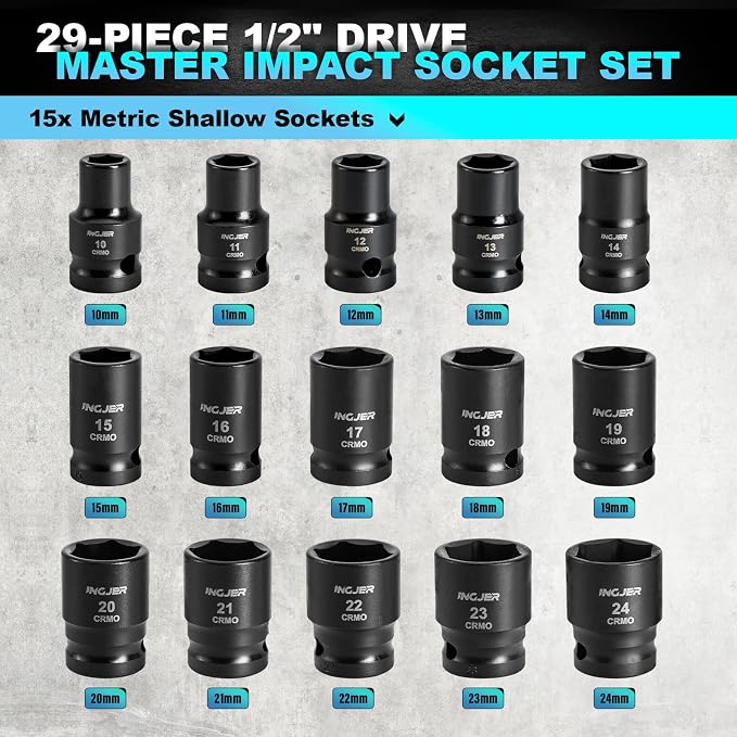 1/2 Impact Socket Set, 29PCS Shallow, SAE (3/8 to 1 inch) and Metric (10-24mm) Sizes with Extension Bars Standard Shallow Socket Set CR-MO Material High Torque Truck Bearing Locknut