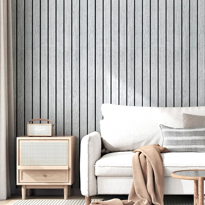 Wallercity White/Gray Self Adhesive Wood Slat Wall Paneling 3D Panels for Wall Decor Soundproof Peel and Stick Wooden Panels for Bedroom Kitchen 11.7''x197'' Vinyl Waterproof Faux Wood Fence Wallpaper
