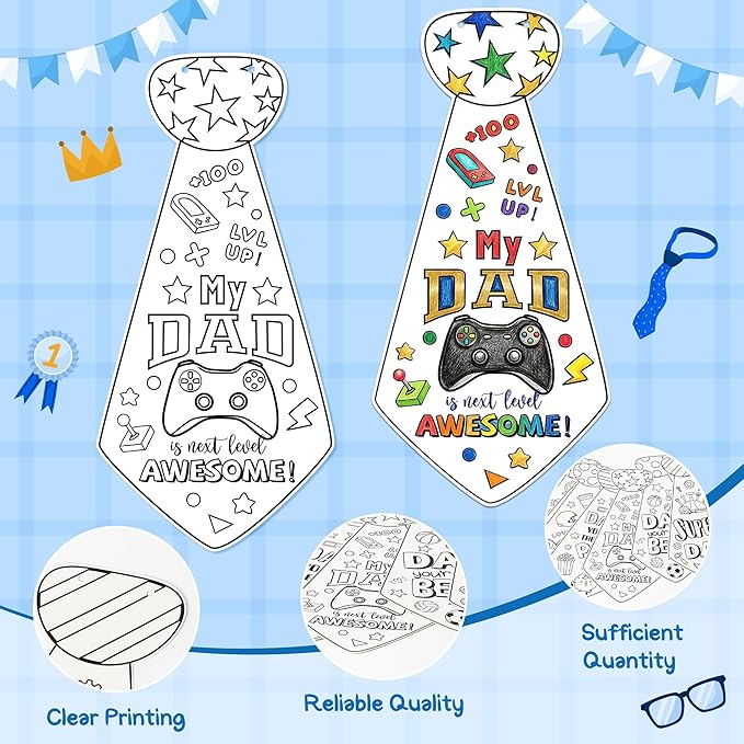 Father's Day Crafts Kits for Kids - 24Pcs Happy Father's Day Bulk Tie Coloring Crafts Best Dad Ever Color Your Own Hanging Tie Ornaments for School Home DIY Art Activities Holiday Party Favor Supplies