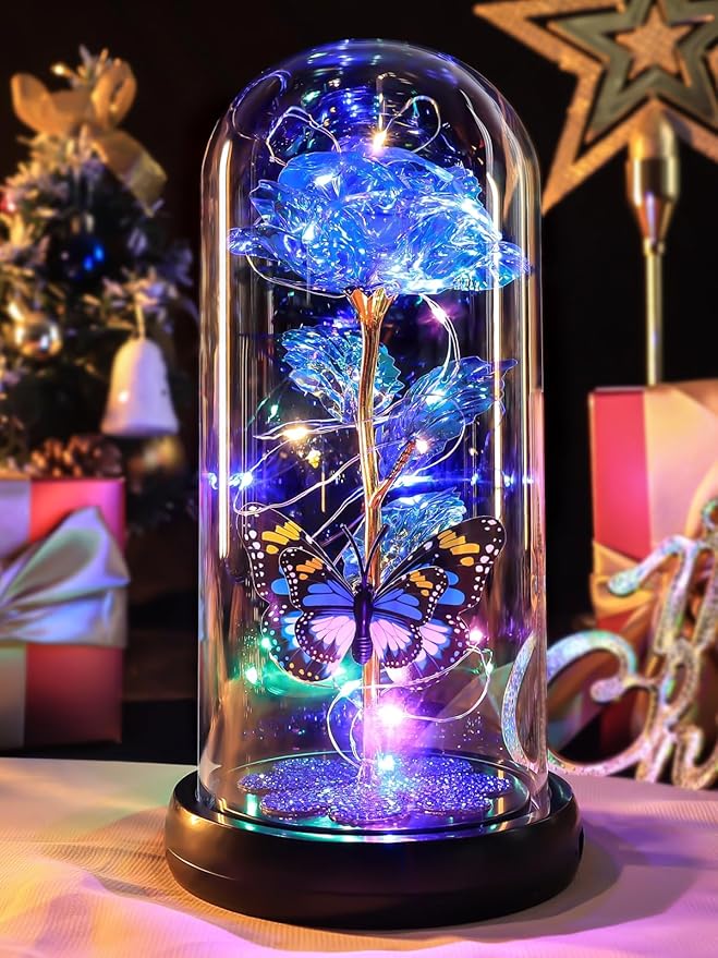 Mothers Day Rose Gifts for Mom Birthday Gift for Women, Rechargeable Galaxy Glass Rose in Glass Dome Crystal Eternal Roses Butterfly Mother's Day Flowers Gifts for Women Mom Wife Grandma Daughter Blue