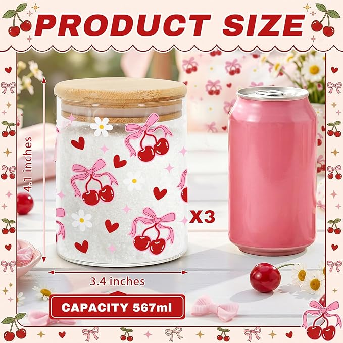 3 Pcs Pink Cherry Bow Glass Storage Jars with Airtight Lids Pink Cherry Candy Cookie Jars Gift Bow Coquette Kitchen Decor Canister Cute Kitchen Containers Gifts for Sugar Cookie