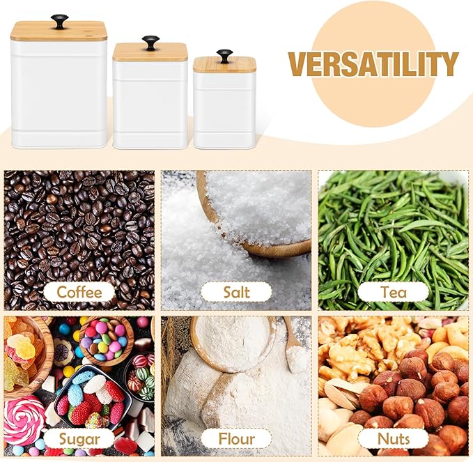 Tioncy Kitchen Canisters for Countertop Set of 3 Metal Canisters Sets with Bamboo Lids Spoon Airtight High Capacity Coffee Tea Sugar Flour Jars with DIY Labels Farmhouse Food Storage (White,L,M,S)