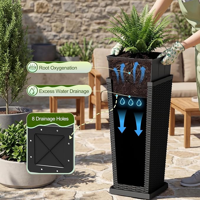 Devoko Resin Tall Planters for Outdoor Plants Set of 2, Large Taper Outdoor Planter Pots with 4 Drainage Holes, Flower Pots Modern Decor for Porch, Patio, Backyard, Garden(Black, 24''with Trays)