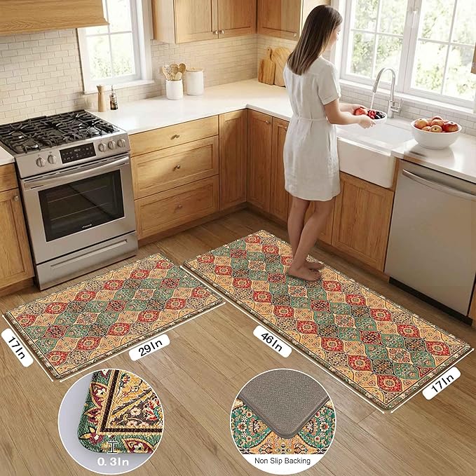 Moroccan Kitchen Rug Mats for Floor Cushioned Anti Fatigue Boho Vintage Kitchen Rugs Sets of 2 Red Yellow Non Slip Waterproof Comfort Memory Foam Standing Floor Mat for Laundry Sink Desk