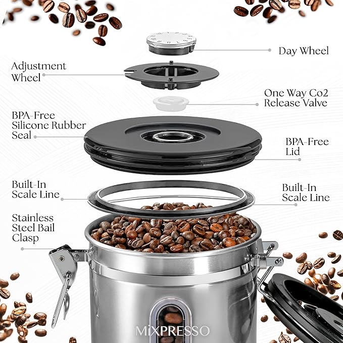 Mixpresso 16 Oz Stainless Steel Coffee Canister with Scoop and Window – Airtight Coffee Container with CO2 Valve for Bean Storage, Date Tracker Lid