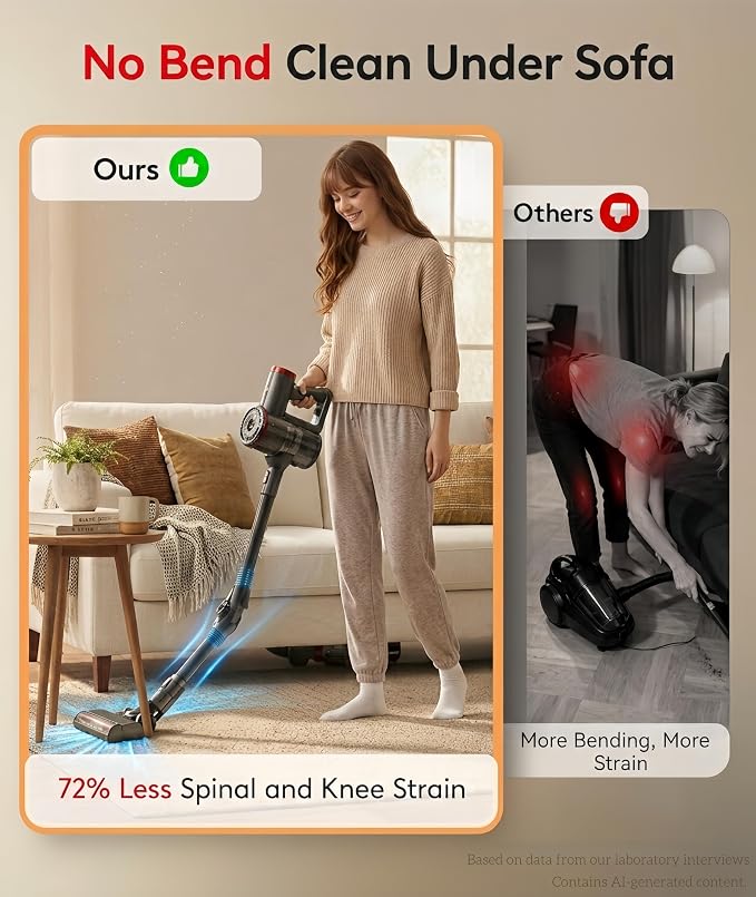 RONEAIR Cordless Vacuum Cleaner, 40Kpa Vacuum Cleaners for Home, 45Mins Stick Vacuum with Bendable Wand, Anti-Tangle & 1L Dust Cup, Lightweight Vacuum for Hardwood Floor Carpet Pet Hair