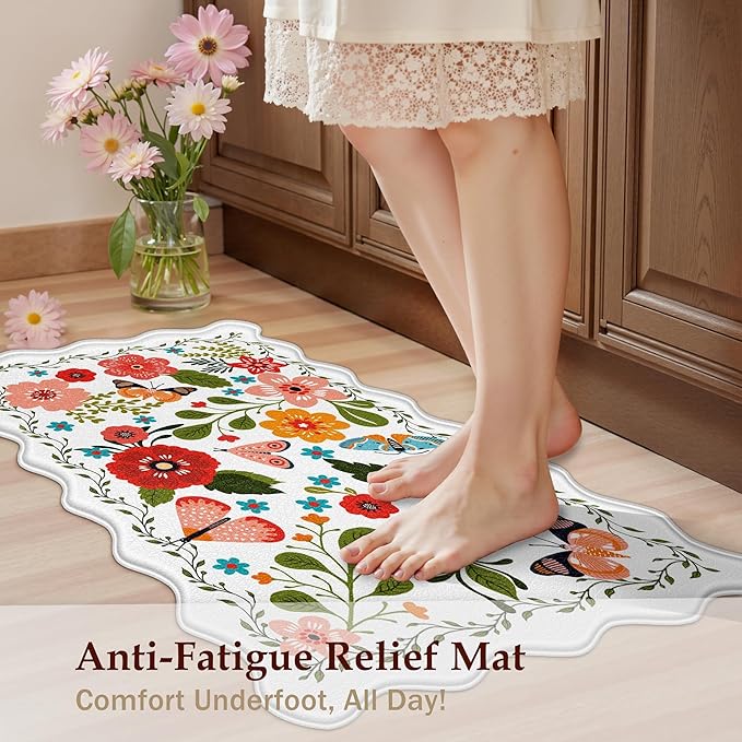 Arenarug Scalloped Kitchen Mats for Floor Cushioned Anti Fatigue Kitchen Mats Rugs Waterproof Non Slip Farmhouse Boho Floral Comfort Foam Standing Mat for Sink Laundry, White, 17.3x30