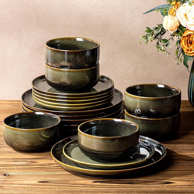 TheTerra Ceramic Dinnerware Sets for 6, 18 Pieces Handmade Reactive Glaze Plates and Bowls Set, Scratch Resistant Dish Set, Oven & Microwave & Dishwasher Safe, Olive Green