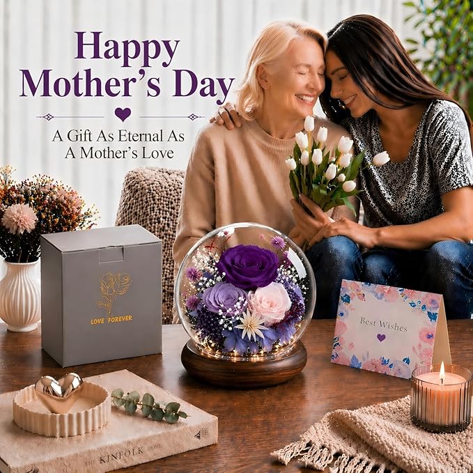 FIACO Mothers Day Flowers Gifts for Mom Flowers for Delivery Prime Birthday Gifts for Women Grandma Gifts Forever Preserved Fresh Eternal Rose in Glass Dome for Girlfriend Wife Her