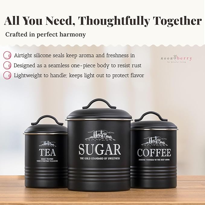 noonberry Kitchen Canisters for Countertop – 3-Piece Airtight Kitchen Canister Set – Sugar Coffee Tea Containers for Kitchen Counter – Matte Black Finish