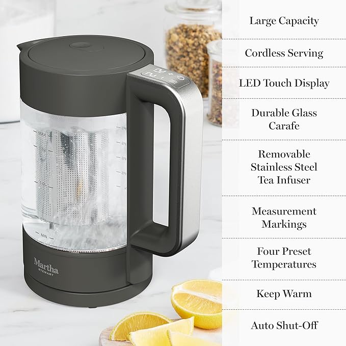 Martha Stewart Electric Kettle with Removable Stainless Steel Tea Infuser, Glass Carafe 1.7L (7 Cups), Hot Water Boiler, 4 Presets, Keep Warm & Auto Shut-Off, Cordless 360° Swivel Base, Caviar Gray