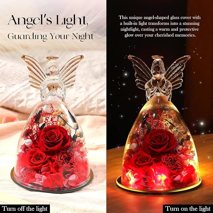 Mothers Day Roses Gifts for Mom Forever Preserved Real Roses Flowers in Glass Angel Figurines Fresh Flowers for Delivery for Grandma Women Mom Wife from Daughter/Red