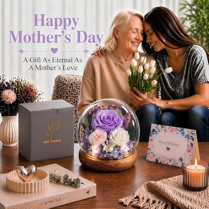FIACO Gifts for Mom Birthday Gifts Women Preserved Flowers in Glass Dome Forever Flowers for Delivery Prime Purple Eternal Roses Mothers Day Birthday for Grandma Sister Daughter Wife Her Girlfriend